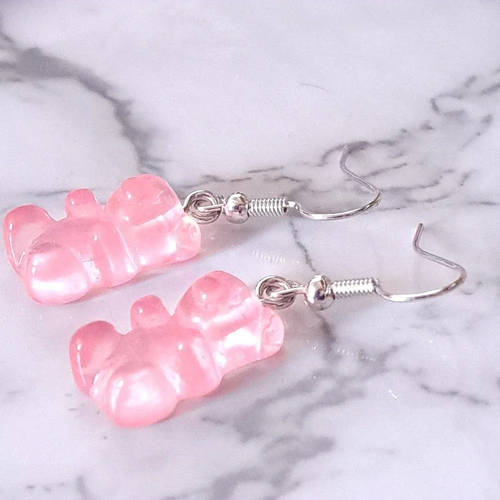 NEW Gummy Bear Earrings Pink Translucent Resin Drop Kidcore Y2K Boutique